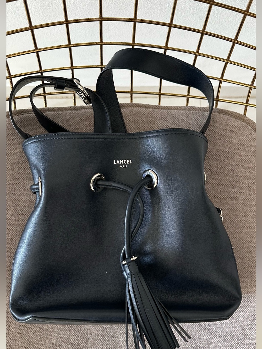 Lancel Paris navy  Leather Drawstring Shoulder Bag with Tassel